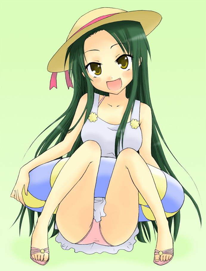 saki chisuzu, tsuruya, suzumiya haruhi no yuuutsu, 00s, :d, fang, feet, green hair, hat, innertube, long hair, open mouth, sandals, sitting, smile, solo, sun hat, swim ring, swimsuit, swimsuit under clothes, very long hair, yellow eyes