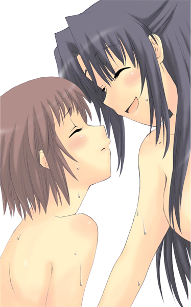 saki chisuzu, asakura ryoko, nagato yuki, suzumiya haruhi no yuuutsu, 00s, 2girls, :d, ^ ^, black hair, blush, breasts, brown hair, closed eyes, collarbone, completely nude, convenient censoring, from side, hair censor, hair over breasts, half updo, long hair, multiple girls, nude, open mouth, profile, short hair, sidelocks, simple background, small breasts, smile, sweat, white background, yuri