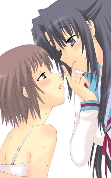 saki chisuzu, asakura ryoko, nagato yuki, suzumiya haruhi no yuuutsu, 00s, 2girls, bare shoulders, black hair, blue eyes, blush, bra, brown eyes, brown hair, grey hair, half updo, licking, lingerie, long hair, long sleeves, looking at another, multiple girls, pussy juice, school uniform, serafuku, shirt, short hair, simple background, sweat, tasting, underwear, upper body, white background, white bra, white shirt, yuri