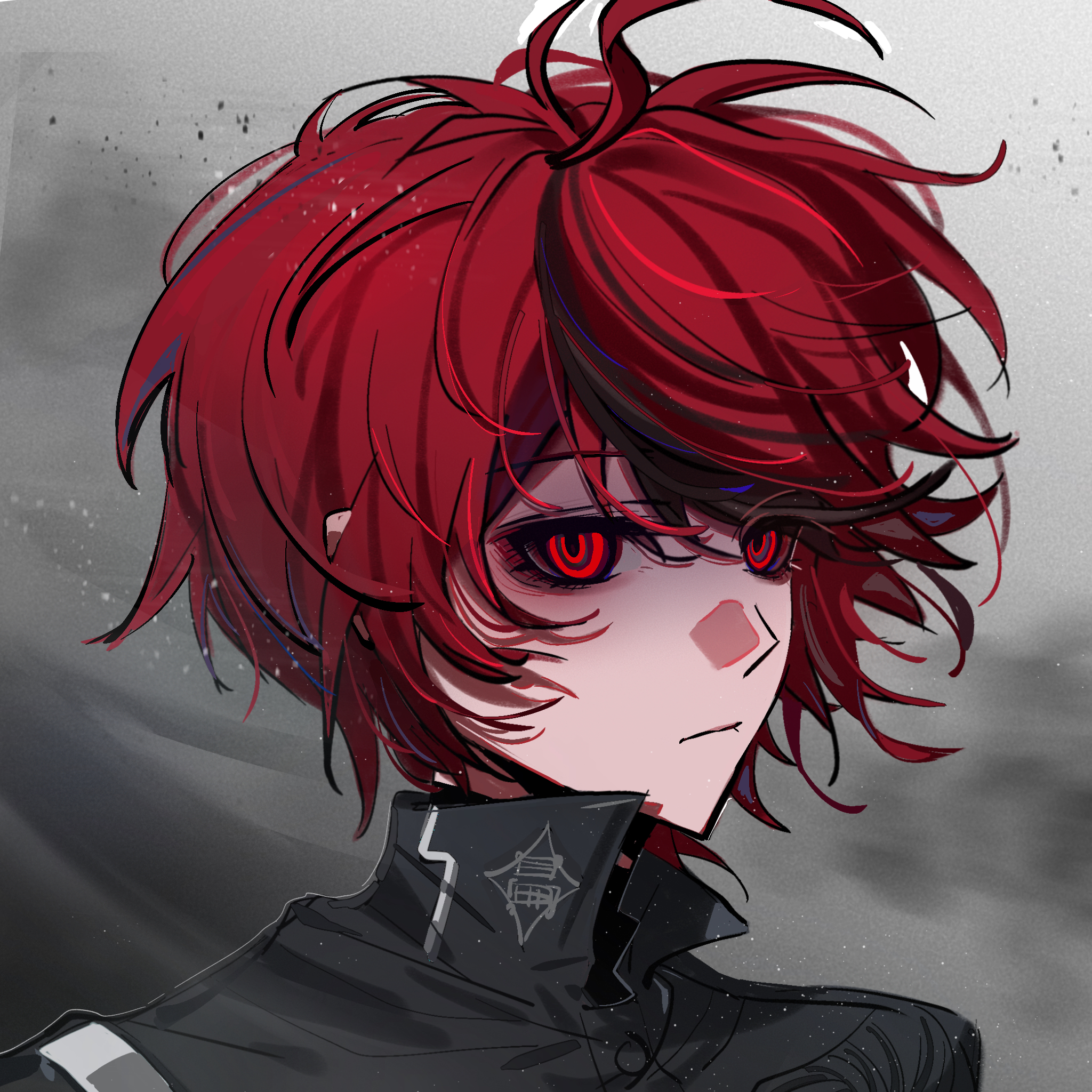 sumino takumi, the hundred line -last defense academy-, chinese commentary, commentary request, highres, variant set, 1boy, :/, black hair, black jacket, buttons, closed mouth, eyeliner, grey background, hair between eyes, jacket, last defense academy school uniform, light particles, makeup, male focus, multicolored hair, official alternate eye color, open collar, portrait, red eyeliner, red eyes, red hair, school uniform, short hair, solo, streaked hair, suimeng08470, two-tone hair