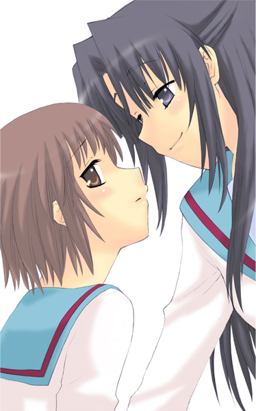 saki chisuzu, asakura ryoko, nagato yuki, suzumiya haruhi no yuuutsu, 00s, 2girls, black hair, blue eyes, blush, brown eyes, brown hair, grey hair, half updo, long hair, long sleeves, looking at viewer, multiple girls, sailor collar, school uniform, serafuku, shirt, short hair, sidelocks, simple background, smile, white background, white shirt, yuri