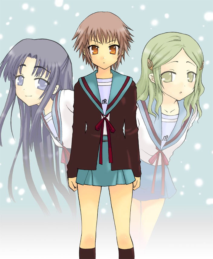 saki chisuzu, asakura ryoko, kimidori emiri, nagato yuki, suzumiya haruhi no yuuutsu, 00s, 3girls, blue eyes, blue hair, brown hair, cardigan, expressionless, green eyes, green hair, hime cut, leaning forward, long hair, looking at viewer, multiple girls, school uniform, serafuku, short hair, smile, standing, very long hair, yellow eyes
