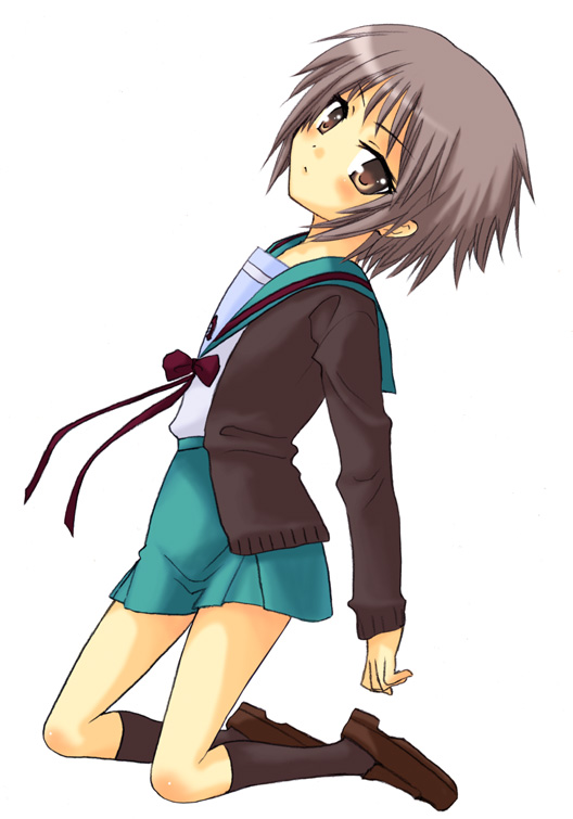 saki chisuzu, nagato yuki, suzumiya haruhi no yuuutsu, black legwear, eyebrows, 00s, 1girl, blue skirt, blush, bow, brown shoes, cardigan, closed mouth, female focus, from side, full body, kita high school uniform, kneeling, leaning back, loafers, long sleeves, looking at viewer, miniskirt, neck ribbon, open cardigan, open clothes, purple hair, red bow, red ribbon, ribbon, school uniform, serafuku, shoes, short hair, simple background, skirt, solo, white background, yellow eyes