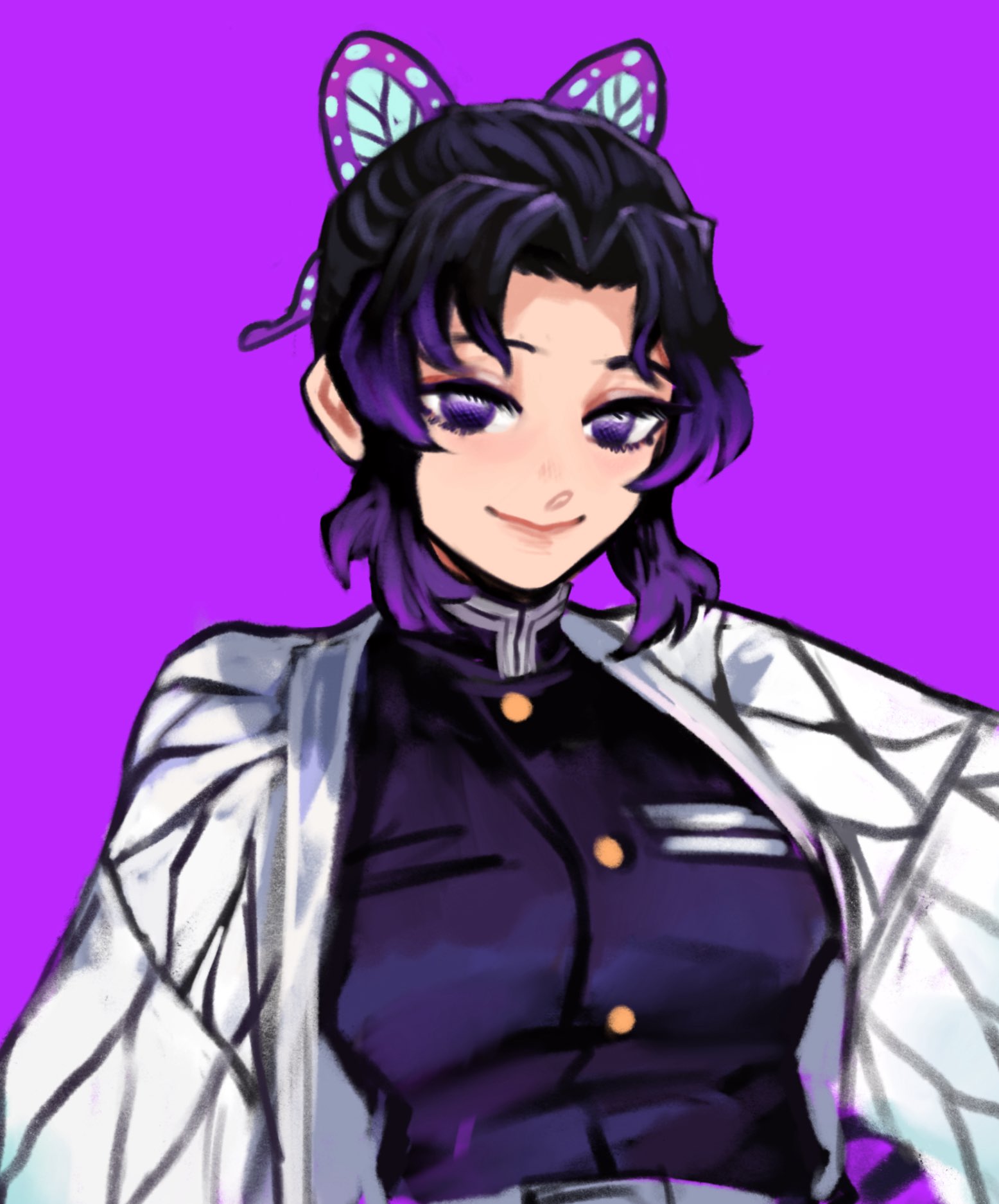 sethkiel, kochou shinobu, kimetsu no yaiba, commentary, english commentary, highres, 1girl, belt, black hair, black jacket, butterfly hair ornament, buttons, closed mouth, gradient hair, hair ornament, haori, jacket, japanese clothes, looking at viewer, multicolored hair, purple background, purple eyes, purple hair, short hair, simple background, smile, solo, two-tone hair, white belt