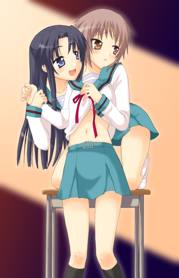 saki chisuzu, asakura ryoko, nagato yuki, suzumiya haruhi no yuuutsu, 00s, 2girls, half updo, multiple girls, school uniform, serafuku, yuri