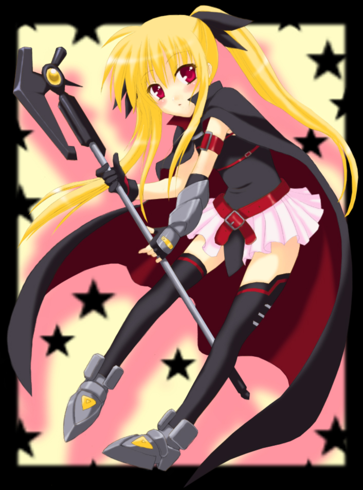saki chisuzu, bardiche (assault form) (nanoha), bardiche (nanoha), fate testarossa, fate testarossa (lightning form), lyrical nanoha, mahou shoujo lyrical nanoha, 00s, 1girl, arm belt, belt, blonde hair, cape, female focus, fingerless gloves, gloves, magical girl, ponytail, red eyes, single fingerless glove, solo, star (symbol), thighhighs, twintails