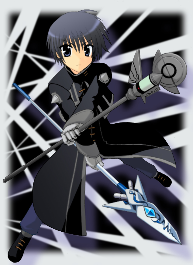 saki chisuzu, chrono harlaown, durandal (nanoha), s2u, lyrical nanoha, mahou shoujo lyrical nanoha, mahou shoujo lyrical nanoha a's, 00s, asymmetrical dual wielding, dual wielding, holding, magical boy, shoulder spikes, solo, spikes, staff
