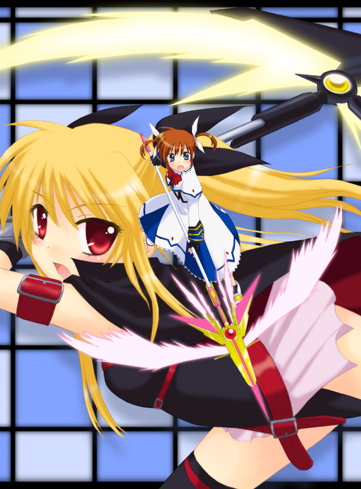 saki chisuzu, bardiche (haken form) (nanoha), bardiche (nanoha), fate testarossa, fate testarossa (lightning form), raising heart, raising heart (exelion mode), takamachi nanoha, takamachi nanoha (sacred mode), lyrical nanoha, mahou shoujo lyrical nanoha, mahou shoujo lyrical nanoha a's, 00s, 2girls, arm belt, belt, blonde hair, bow, cape, energy wings, fingerless gloves, gloves, magazine (weapon), magical girl, multiple girls, purple eyes, red bow, red eyes, red hair, thighhighs, twintails, wings