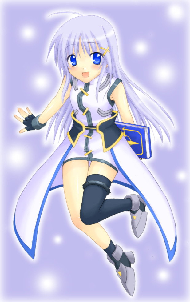 saki chisuzu, book of the azure sky, reinforce zwei, lyrical nanoha, mahou shoujo lyrical nanoha, mahou shoujo lyrical nanoha strikers, 00s, 1girl, ahoge, asymmetrical clothes, asymmetrical legwear, blue eyes, blue hair, book, female focus, fingerless gloves, gloves, hair ornament, long hair, magical girl, matching hair/eyes, single thighhigh, solo, thighhighs, uneven legwear, waist cape, x hair ornament