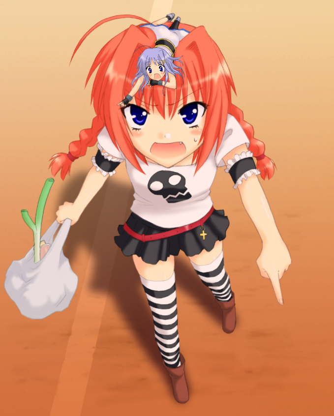 saki chisuzu, reinforce zwei, vita (nanoha), lyrical nanoha, mahou shoujo lyrical nanoha, mahou shoujo lyrical nanoha strikers, 00s, 1girl, braid, fang, female focus, hair ornament, magical girl, mini person, minigirl, shirt, solo, striped clothes, striped thighhighs, t-shirt, thighhighs, twin braids, x hair ornament