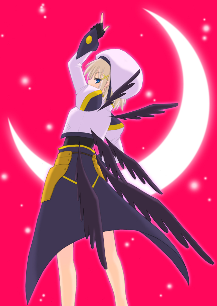 saki chisuzu, yagami hayate, lyrical nanoha, mahou shoujo lyrical nanoha, mahou shoujo lyrical nanoha strikers, 00s, 1girl, crescent moon, female focus, fingerless gloves, gloves, hair ornament, hat, magical girl, moon, solo, star (sky), unison (nanoha), waist cape, wings, x hair ornament
