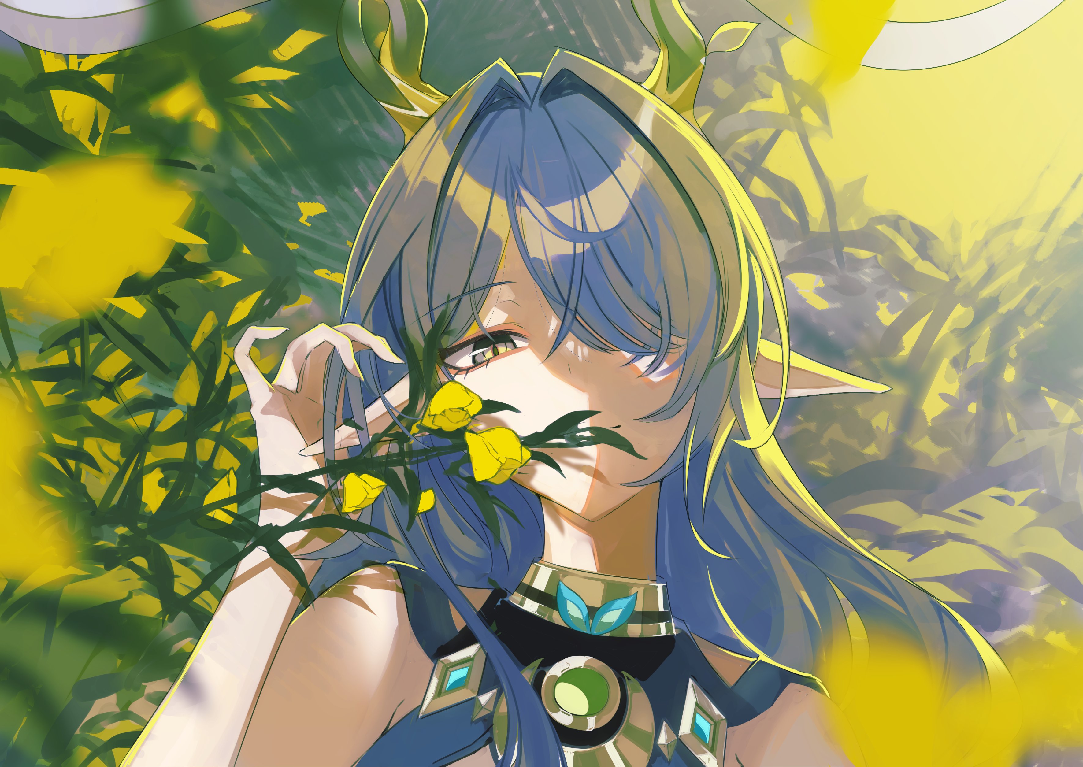 sas (ls08b), lauma (genshin impact), genshin impact, absurdres, highres, 1girl, antlers, covered mouth, crescent, flower, hair intakes, hair over one eye, hand in own hair, horns, long hair, looking at viewer, plant, pointy ears, purple eyes, purple hair, solo, upper body, yellow background, yellow flower