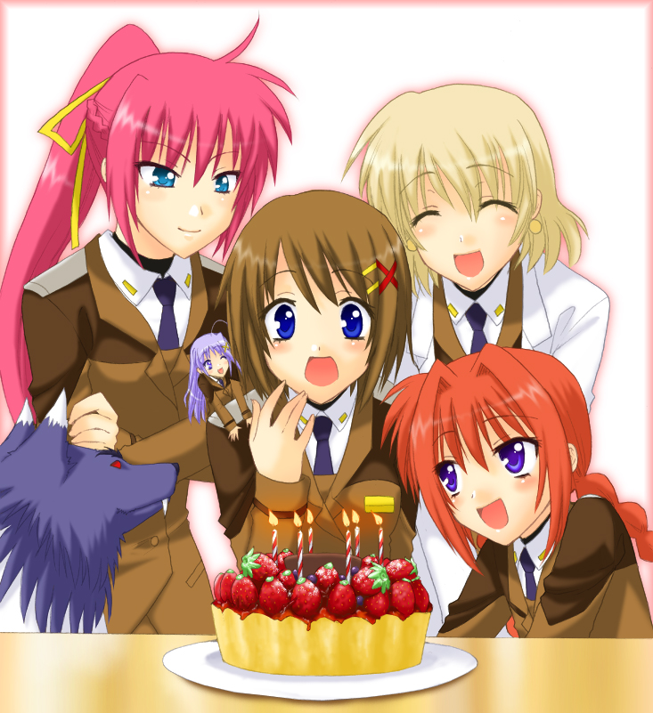 saki chisuzu, reinforce zwei, shamal, signum, vita (nanoha), yagami hayate, zafira, lyrical nanoha, mahou shoujo lyrical nanoha, mahou shoujo lyrical nanoha strikers, 00s, 5girls, ahoge, blonde hair, blue eyes, blush, braid, brown hair, cake, candle, closed eyes, food, fruit, hair ornament, long hair, military, military uniform, mini person, minigirl, multiple girls, necktie, one eye closed, open mouth, pastry, pink hair, plate, ponytail, purple eyes, strawberry, twin braids, very long hair