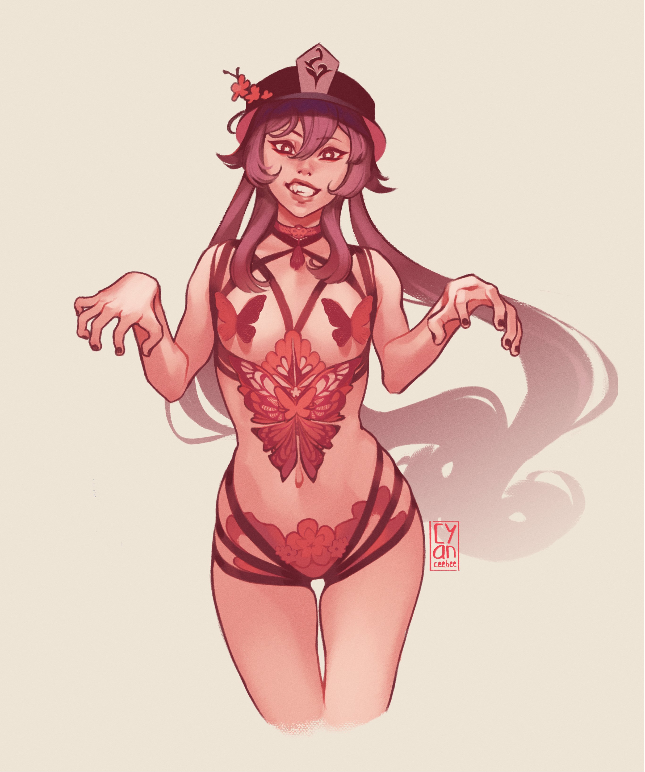 cyber (cyanceebee), hu tao (genshin impact), genshin impact, absurdres, commentary, english commentary, highres, mixed-language commentary, 1girl, animal, animal on chest, artist logo, artist name, black hat, black nails, body markings, bra, breasts, bright pupils, brown hair, bug, butterfly, butterfly ornament, choker, convenient censoring, cropped legs, cupless bra, eyeliner, fangs, floating hair, flower, grin, hair between eyes, hands up, harness, hat, hat flower, insect, logo, long hair, looking at viewer, makeup, navel, neck tassel, nude, outstretched arms, red butterfly, red eyes, red flower, red lips, sidelocks, simple background, skindentation, small breasts, smile, solo, tassel, thigh gap, twintails, underwear, very long hair, white pupils, yellow background, zombie pose