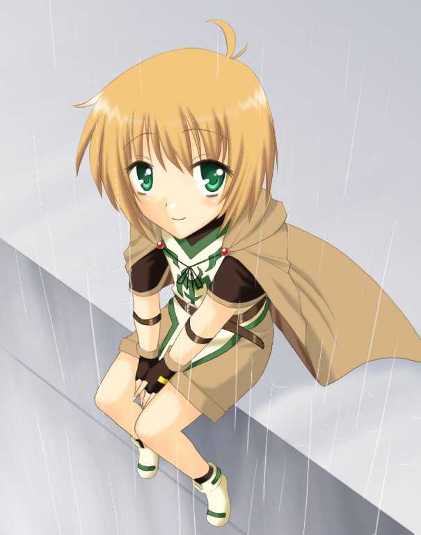 saki chisuzu, yuuno scrya, lyrical nanoha, mahou shoujo lyrical nanoha, 00s, 1boy, belt, cape, fingerless gloves, gloves, magical boy, male focus, rain, smile, solo