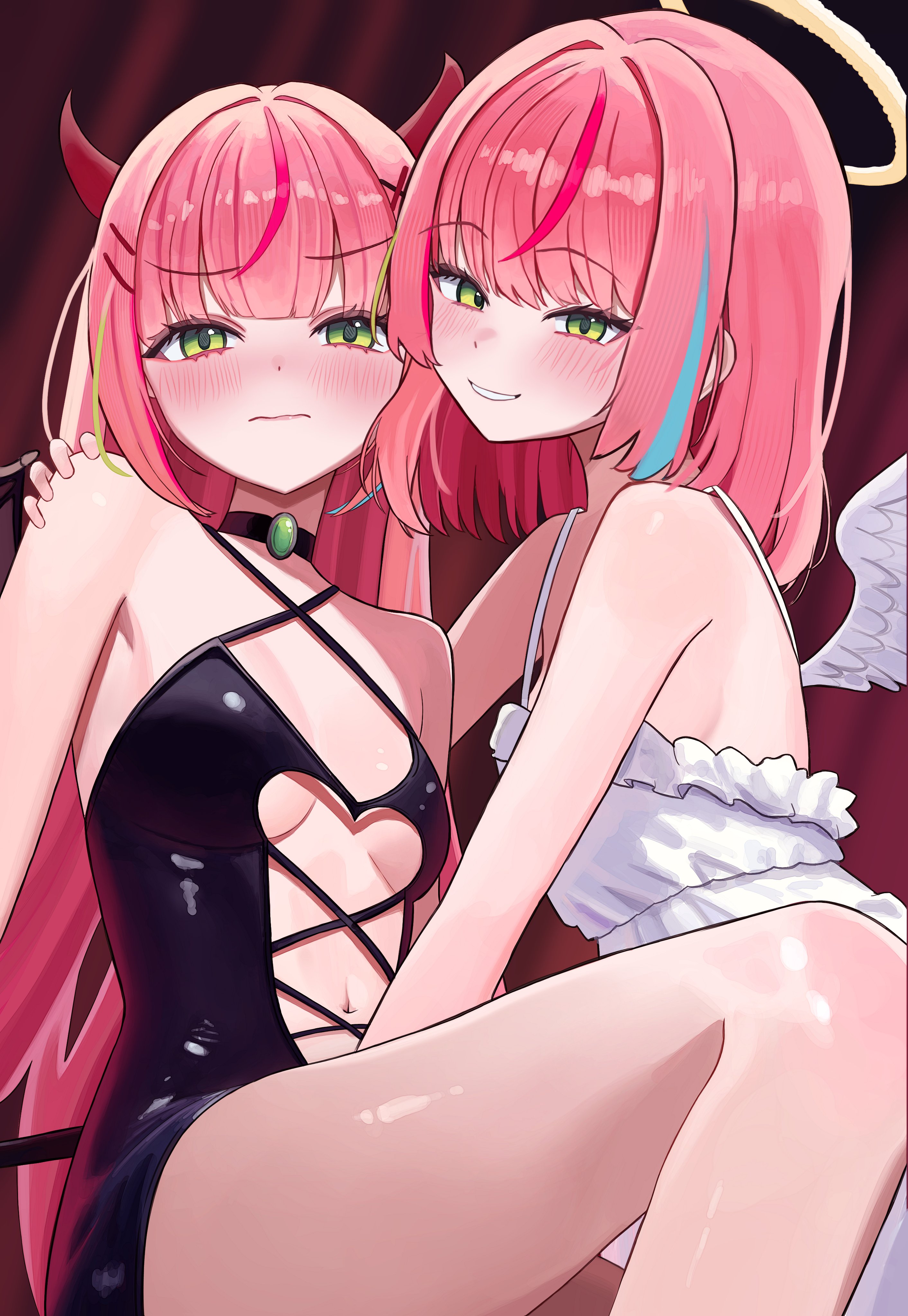 yeoun, hanako nana, stellive, absurdres, commentary, highres, symbol-only commentary, 2girls, angel and devil, angel wings, aqua streaks, black choker, black leotard, blush, breasts, center-flap bangs, choker, clone, closed mouth, cross-laced clothes, cross-laced leotard, demon horns, dress, frilled dress, frills, green streaks, grin, hair ornament, hairclip, halo, hand on another's shoulder, horns, leotard, long hair, looking at viewer, medium hair, multicolored hair, multiple girls, navel, parallel hairclips, pink hair, pink streaks, shiny skin, sleeveless, sleeveless dress, smile, straight hair, streaked hair, thighs, underboob, virtual youtuber, white dress, white wings, wings, wispy bangs, x hair ornament