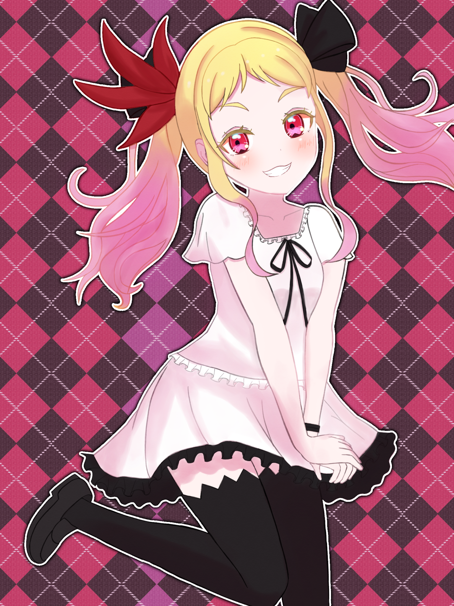 hatopon, onitsuka natsumi, love live!, love live! superstar!!, world is mine (vocaloid), highres, 1girl, blonde hair, blush, braid, dress, gradient hair, hair ribbon, long hair, looking at viewer, multicolored hair, multiple girls, open mouth, parody, pink eyes, pink hair, ribbon, shirt, skirt, smile, solo, twin braids, twintails