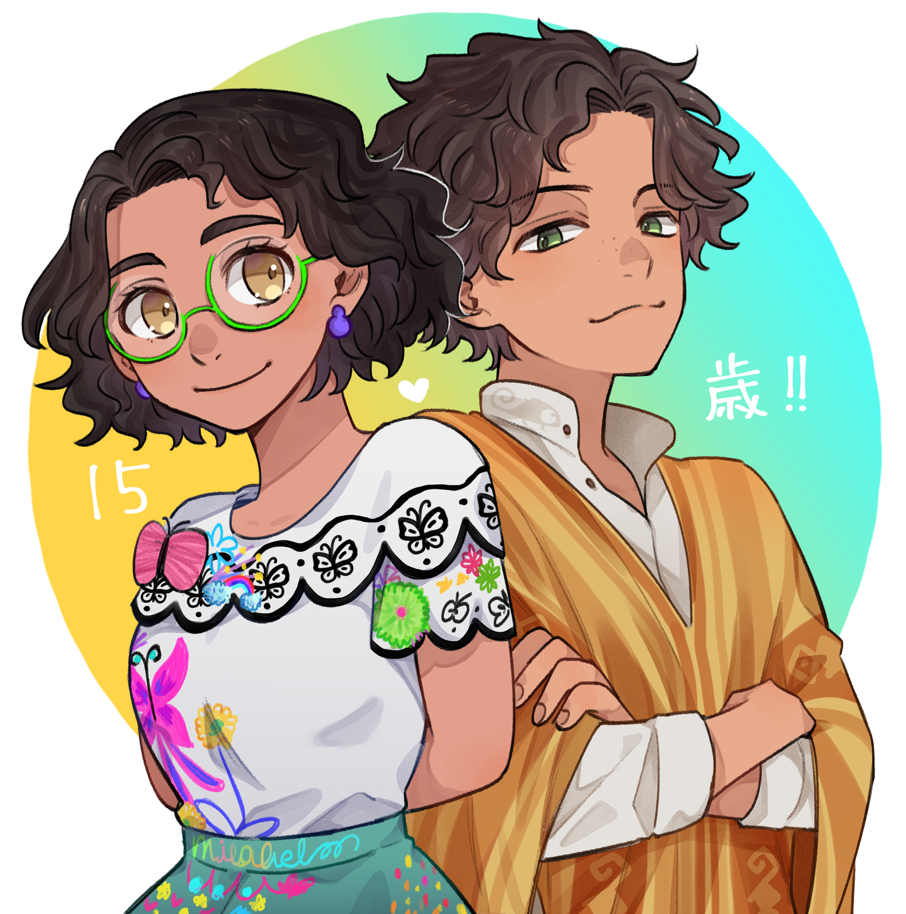 nai0524, camilo madrigal, mirabel madrigal, encanto, highres, 1boy, 1girl, arepa, brown eyes, brown hair, colombian clothes, curly hair, dark-skinned female, dark-skinned male, dark skin, earrings, embroidery, glasses, green-framed eyewear, hourglass print, jewelry, round eyewear, shirt, short hair, simple background, skirt, smile, thick eyebrows