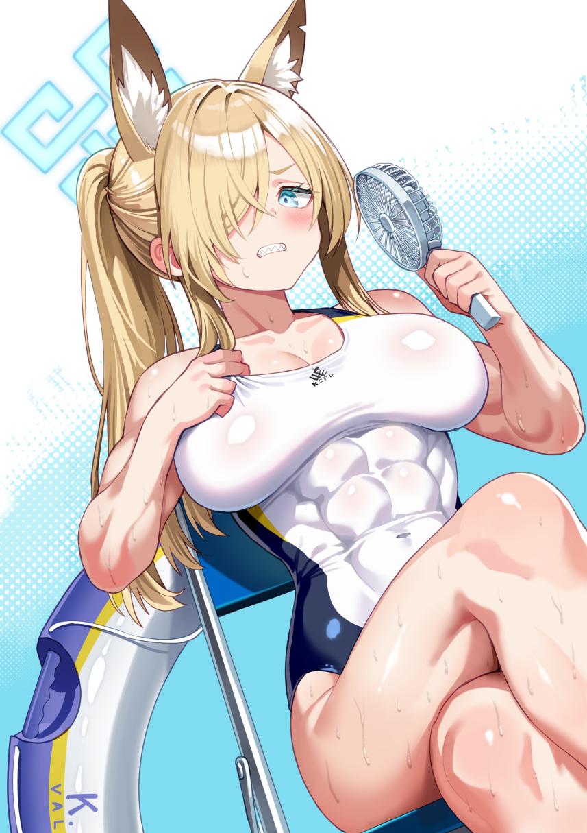 murata taichi, kanna (blue archive), kanna (swimsuit) (blue archive), blue archive, commentary request, commission, highres, pixiv commission, 1girl, abs, animal ear fluff, animal ears, blonde hair, blue eyes, blue halo, breasts, chair, clenched teeth, competition swimsuit, crossed legs, dog ears, hair over one eye, halo, handheld electric fan, highleg, highleg one-piece swimsuit, holding, large breasts, lifeguard chair, long hair, muscular, muscular female, official alternate costume, on chair, one-piece swimsuit, ponytail, sitting, solo, swimsuit, teeth, thighs, white one-piece swimsuit