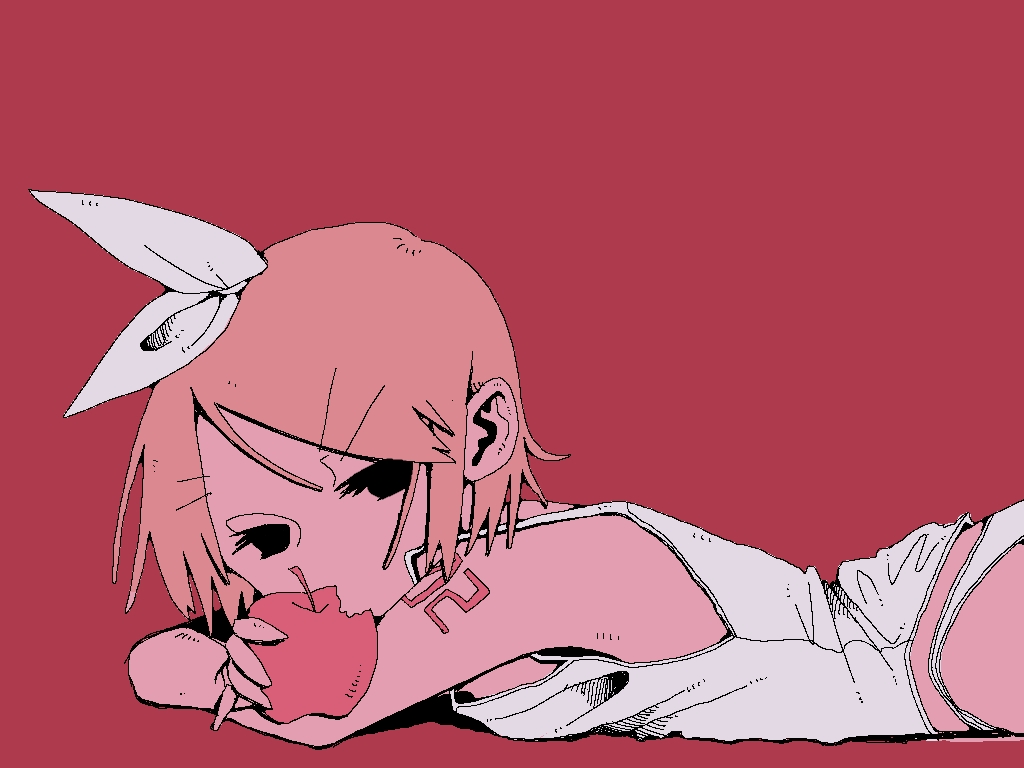 akaname (akaname 404), kagamine rin, romeo to cinderella (vocaloid), vocaloid, 1girl, apple, blonde hair, blue eyes, bow, food, fruit, hair bow, hair ornament, hair ribbon, hairclip, holding, holding food, holding fruit, looking at viewer, open mouth, ribbon, shirt, short hair, solo