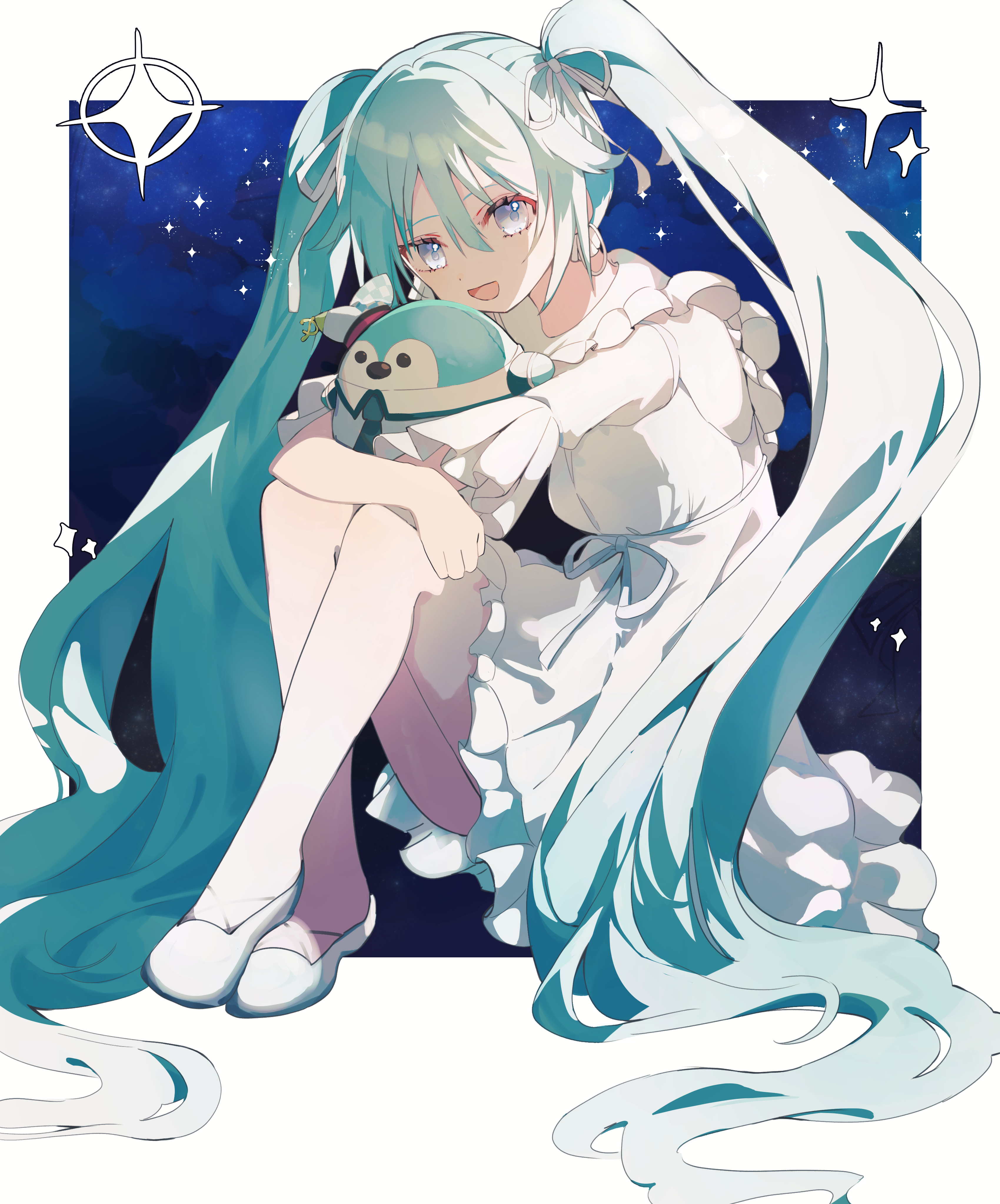 nagisa iori, hatsune miku, phenny (project sekai), project sekai, vocaloid, absurdres, commentary, highres, 1girl, aqua eyes, aqua hair, dress, hair between eyes, hair ornament, holding, holding stuffed toy, long hair, looking at viewer, official alternate costume, open mouth, sitting, solo, stuffed animal, stuffed toy, twintails, very long hair, white dress
