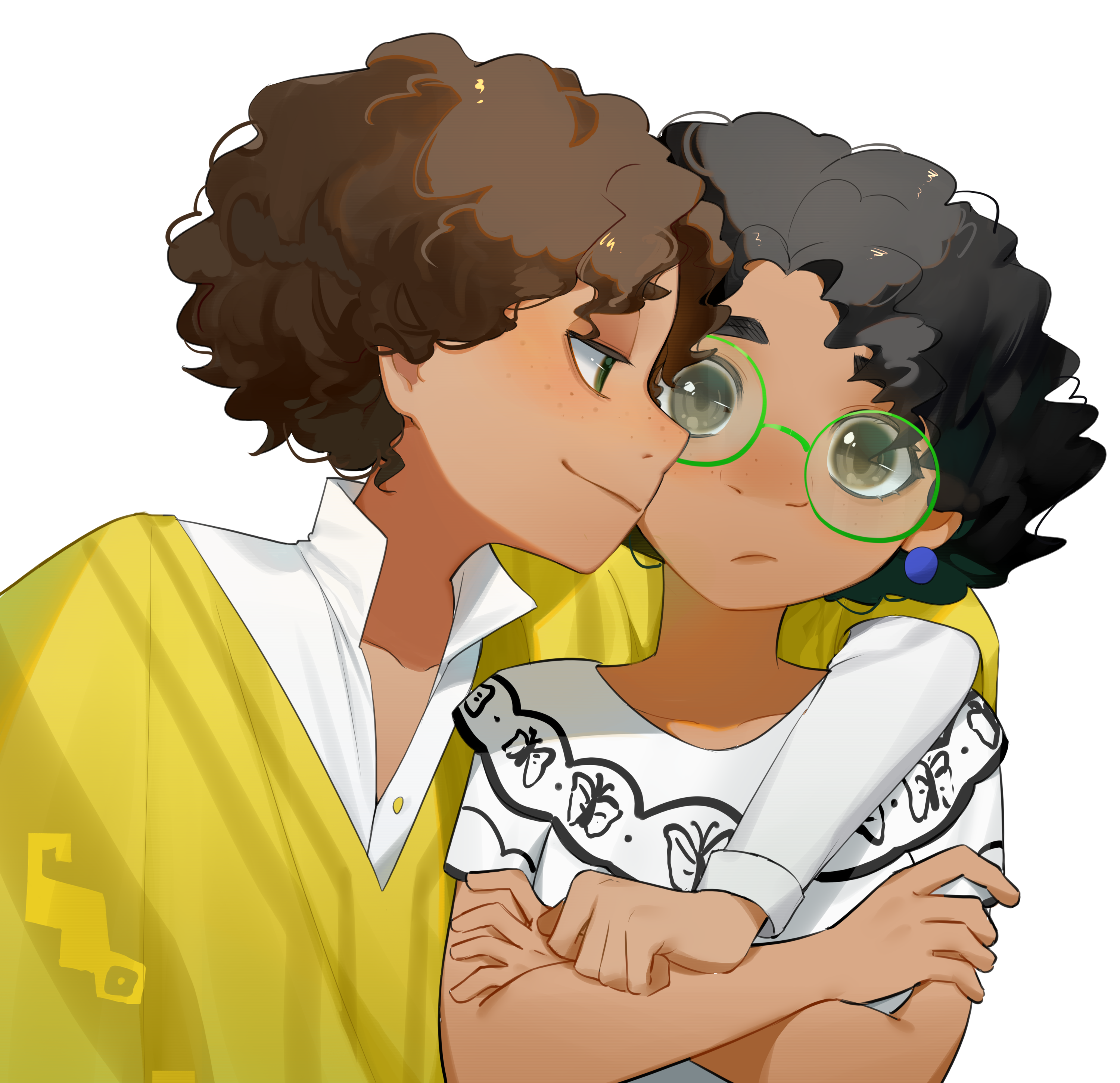 tokirda, camilo madrigal, mirabel madrigal, encanto, absurdres, highres, 1boy, 1girl, arepa, brown eyes, brown hair, colombian clothes, curly hair, dark-skinned female, dark-skinned male, dark skin, earrings, glasses, green-framed eyewear, hourglass print, jewelry, looking at viewer, round eyewear, shirt, short hair, simple background, smile, yellow poncho