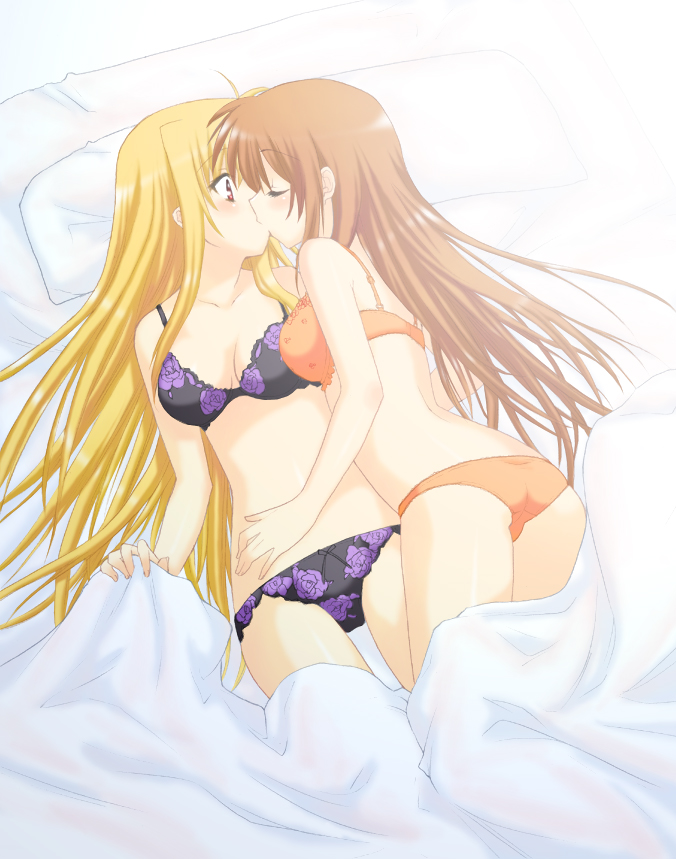 saki chisuzu, fate testarossa, takamachi nanoha, lyrical nanoha, mahou shoujo lyrical nanoha, mahou shoujo lyrical nanoha strikers, 00s, 2girls, bed, bed sheet, blonde hair, bra, cuddling, happy, kiss, lingerie, long hair, multiple girls, panties, pillow, surprised, underwear, underwear only, very long hair, wide-eyed, yuri