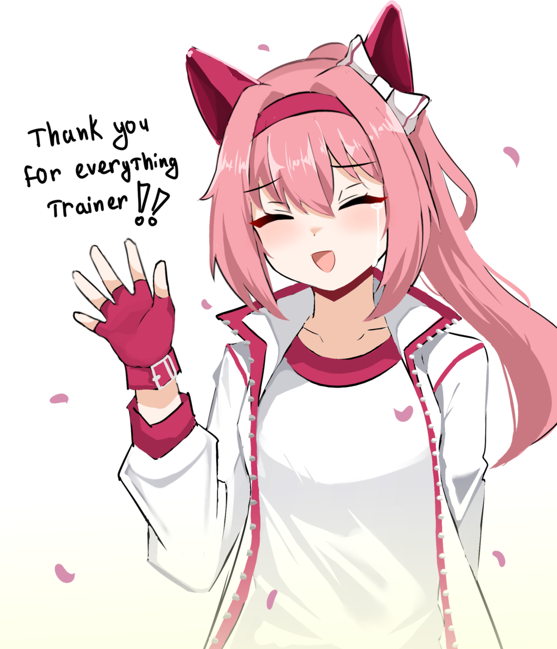 sari (zakura27502762), haru urara (umamusume), umamusume, highres, 1girl, animal ears, bow, ear bow, ear covers, fingerless gloves, gloves, haru urara (bestest prize) (umamusume), headband, horse ears, horse girl, jacket, open mouth, pink hair, pink headband, ponytail, red gloves, shirt, smile, solo, white jacket, white shirt
