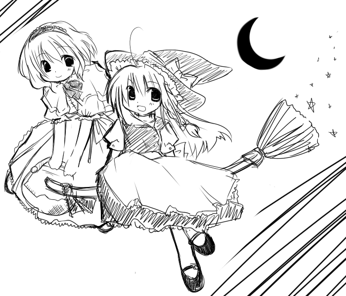 futami yayoi, alice margatroid, kirisame marisa, touhou, 2girls, broom, broom riding, female focus, greyscale, hat, monochrome, multiple girls, sidesaddle, witch, witch hat