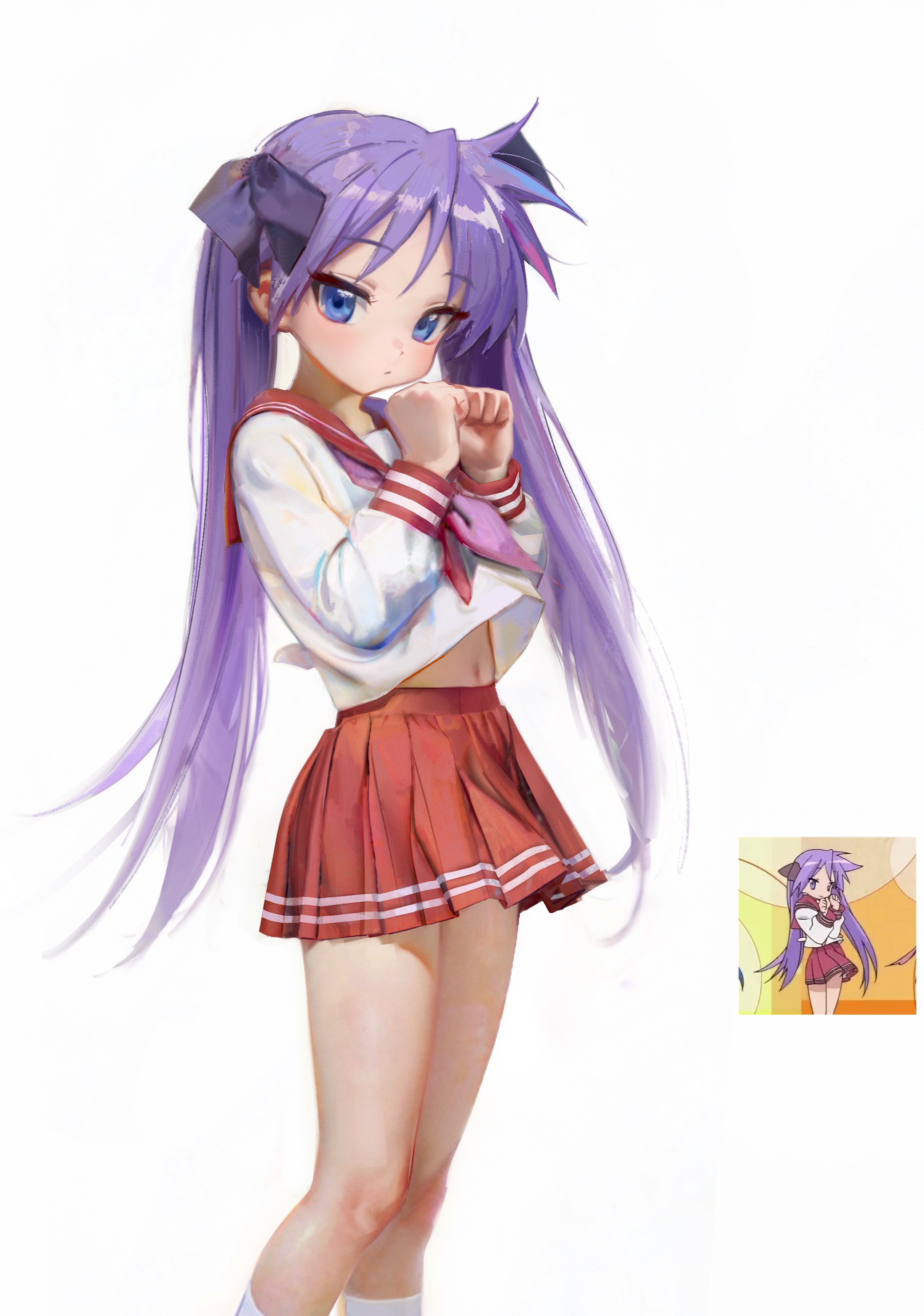 sweetonedollar, hiiragi kagami, lucky star, absurdres, highres, 1girl, blue eyes, clothes lift, collared shirt, long hair, looking at viewer, midriff peek, navel, neckerchief, pink neckerchief, pleated skirt, purple hair, sailor collar, shirt, shirt lift, skirt, socks, solo, standing, stomach, twintails, very long hair, white background, white shirt, white socks