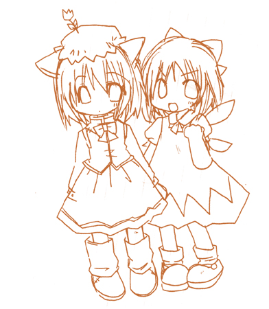 futami yayoi, chen, cirno, touhou, lowres, >:d, 2girls, :d, animal ears, bow, bow bra, bra, brown theme, cat ears, cat girl, female focus, flower ornament, hair bow, hat, monochrome, multiple girls, open mouth, shoes, short hair, skirt, smile, socks, underwear, v-shaped eyebrows, wings