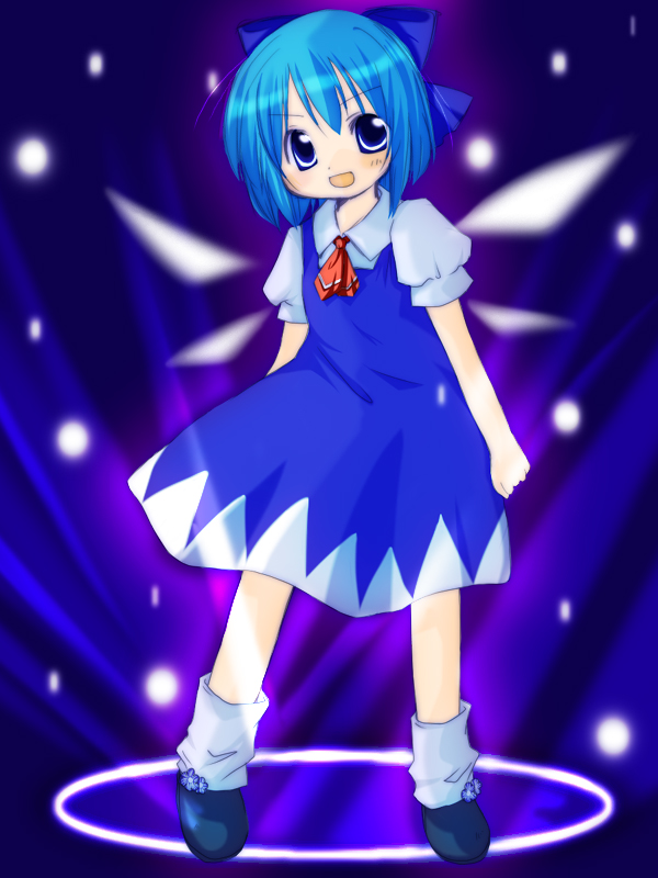 futami yayoi, cirno, embodiment of scarlet devil, touhou, 1girl, blue bow, blue dress, blue eyes, blue hair, blue theme, bow, dress, female focus, full body, hair bow, legs apart, looking at viewer, matching hair/eyes, open mouth, puffy short sleeves, puffy sleeves, shoes, short hair, short sleeves, smile, socks, solo, standing, white socks, wings