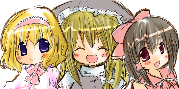 futami yayoi, alice margatroid, hakurei reimu, kirisame marisa, touhou, 3girls, ^ ^, blonde hair, blue eyes, blush stickers, bow, braid, brown hair, capelet, closed eyes, female focus, hair bow, hairband, happy, hat, long hair, looking at viewer, multiple girls, pink bow, red eyes, ribbon, short hair, side braid, sidelocks, smile, upper body, witch hat