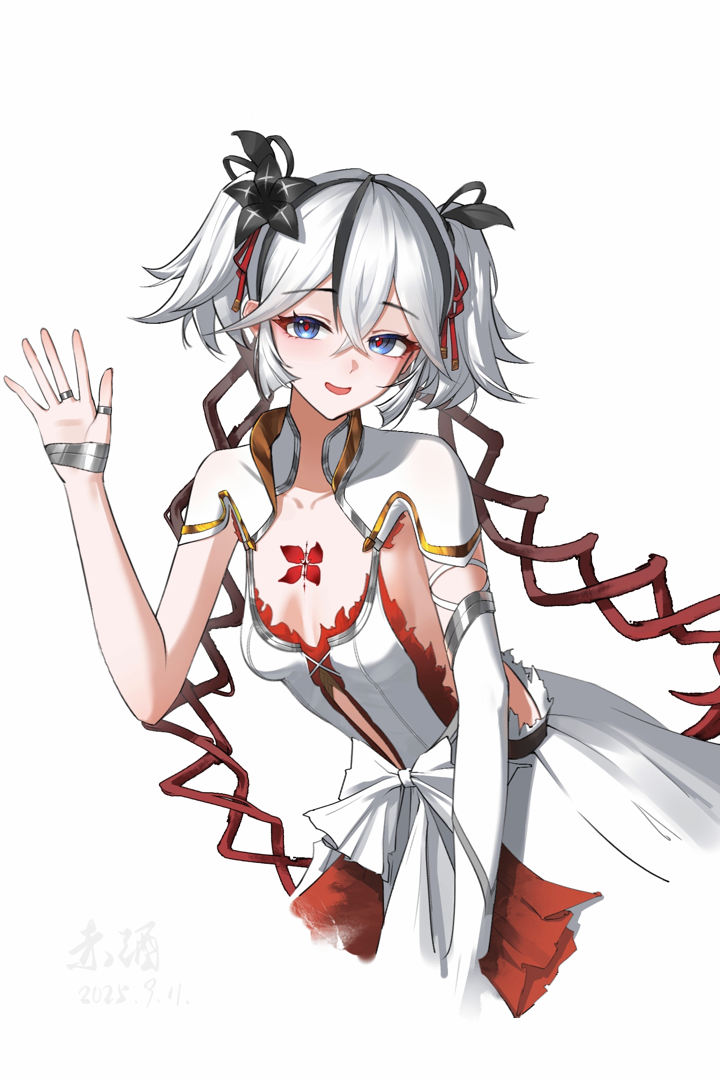 chijiu jo, camellya (wuthering waves), wuthering waves, chinese commentary, commentary request, highres, 1girl, black flower, blake bloom (wuthering waves), blue eyes, breasts, collar, collarbone, cropped torso, dated, dress, flower, hair between eyes, hair flower, hair ornament, hair ribbon, hair vines, hand up, looking at viewer, medium breasts, open mouth, red pupils, red ribbon, ribbon, short hair, sideless dress, simple background, smile, solo, tacet mark (wuthering waves), waving, white background, white collar, white dress, white hair