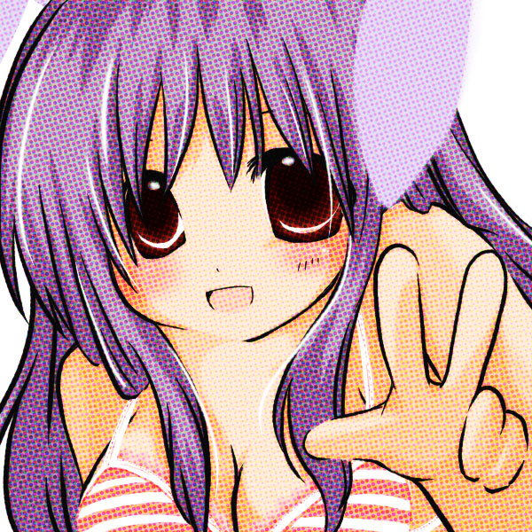 futami yayoi, reisen udongein inaba, touhou, 1girl, animal ears, bikini, breasts, female focus, rabbit ears, solo, striped bikini, striped clothes, swimsuit, upper body, v, white background