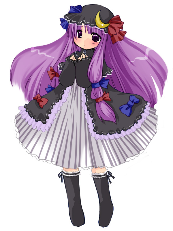 futami yayoi, patchouli knowledge, touhou, 1girl, crescent, female focus, goth fashion, hat, long hair, purple hair, solo
