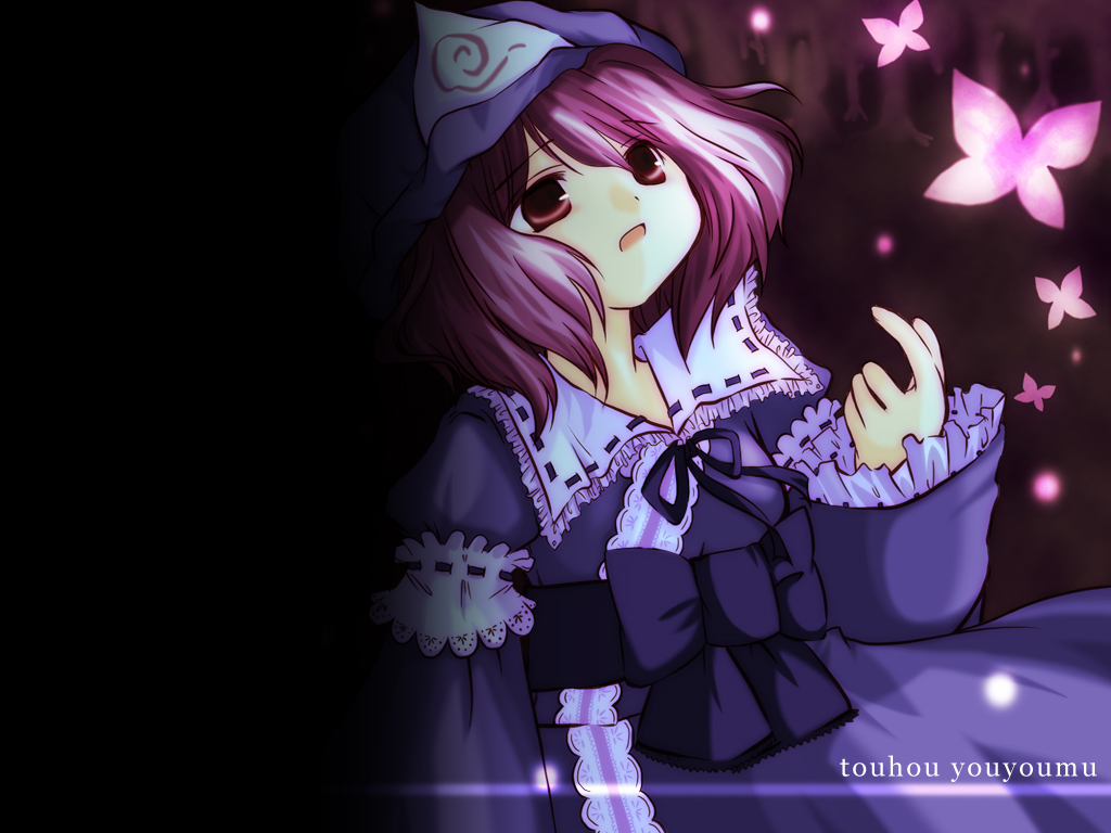 futami yayoi, saigyouji yuyuko, touhou, 1girl, bug, butterfly, copyright name, dark, female focus, hat, japanese clothes, kimono, long sleeves, looking up, mob cap, pink hair, red eyes, ribbon, sash, short hair, solo, triangular headpiece