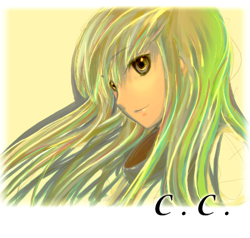 yukari (konekonekozou), c.c., code geass, lowres, 00s, 1girl, character name, close-up, closed mouth, expressionless, female focus, from side, green hair, konekonekozou, long hair, solo, upper body, yellow eyes