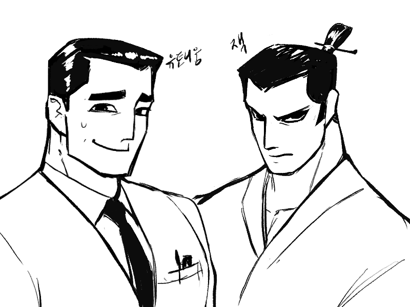 nalubwin, professor utonium, samurai jack (character), cartoon network, powerpuff girls, samurai jack, 2boys, black eyes, closed mouth, company connection, crossover, formal clothes, greyscale, hair ornament, japanese clothes, kimono, korean text, looking at viewer, monochrome, multiple boys, suit, sweatdrop, topknot, white background