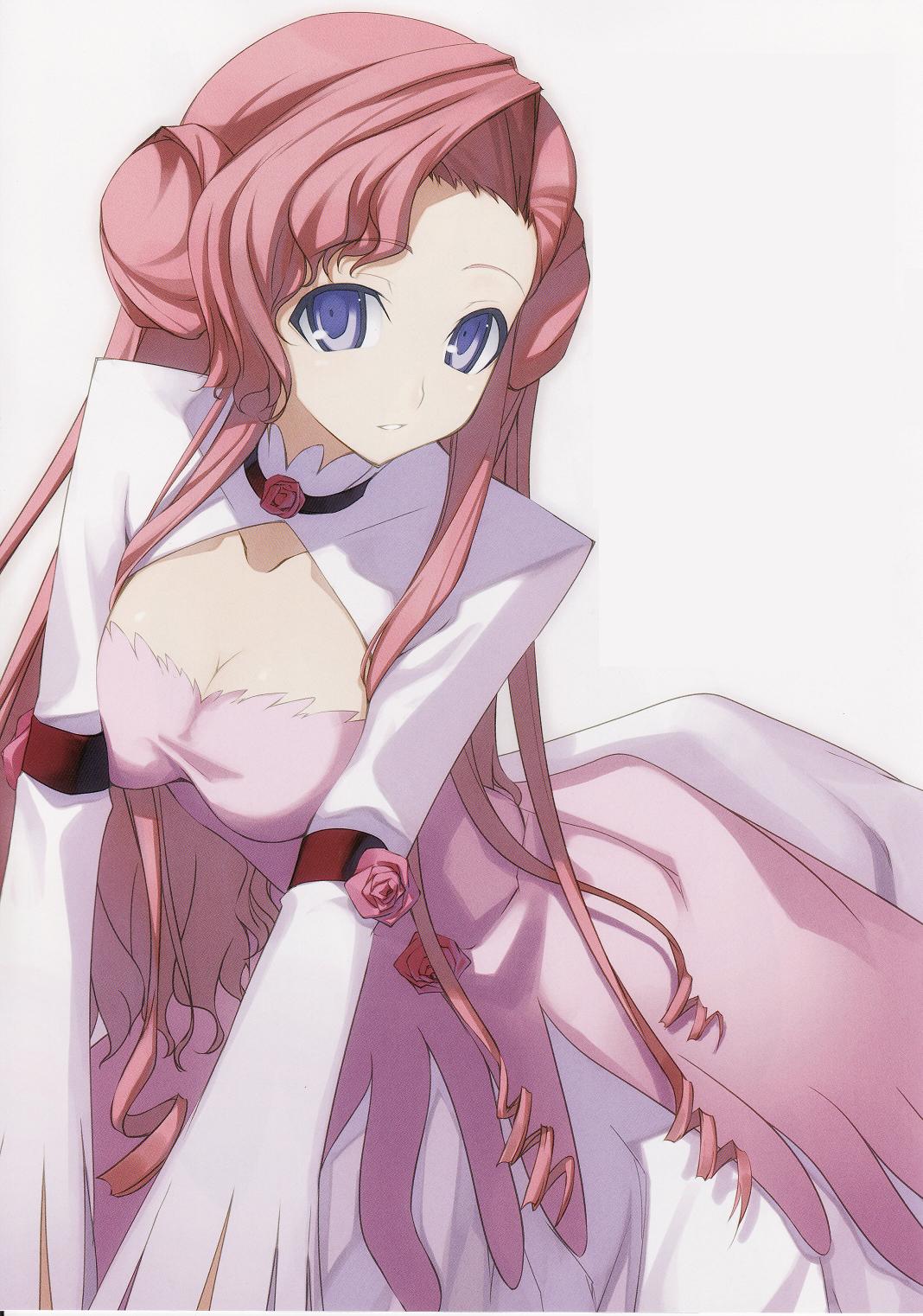 shingo (missing link), euphemia li britannia, code geass, highres, scan, scan artifacts, 00s, 1girl, :d, arched back, armband, blue eyes, breast press, breasts, breasts squeezed together, choker, cleavage, cleavage cutout, clothing cutout, collarbone, donut hair bun, double bun, dress, drill hair, female focus, flower, grin, hair bun, large breasts, leaning forward, long hair, looking at viewer, open mouth, pink hair, rose, shirt, sidelocks, simple background, smile, solo, swept bangs, taut clothes, taut shirt, turtleneck, very long hair, wavy hair, white background, wide sleeves