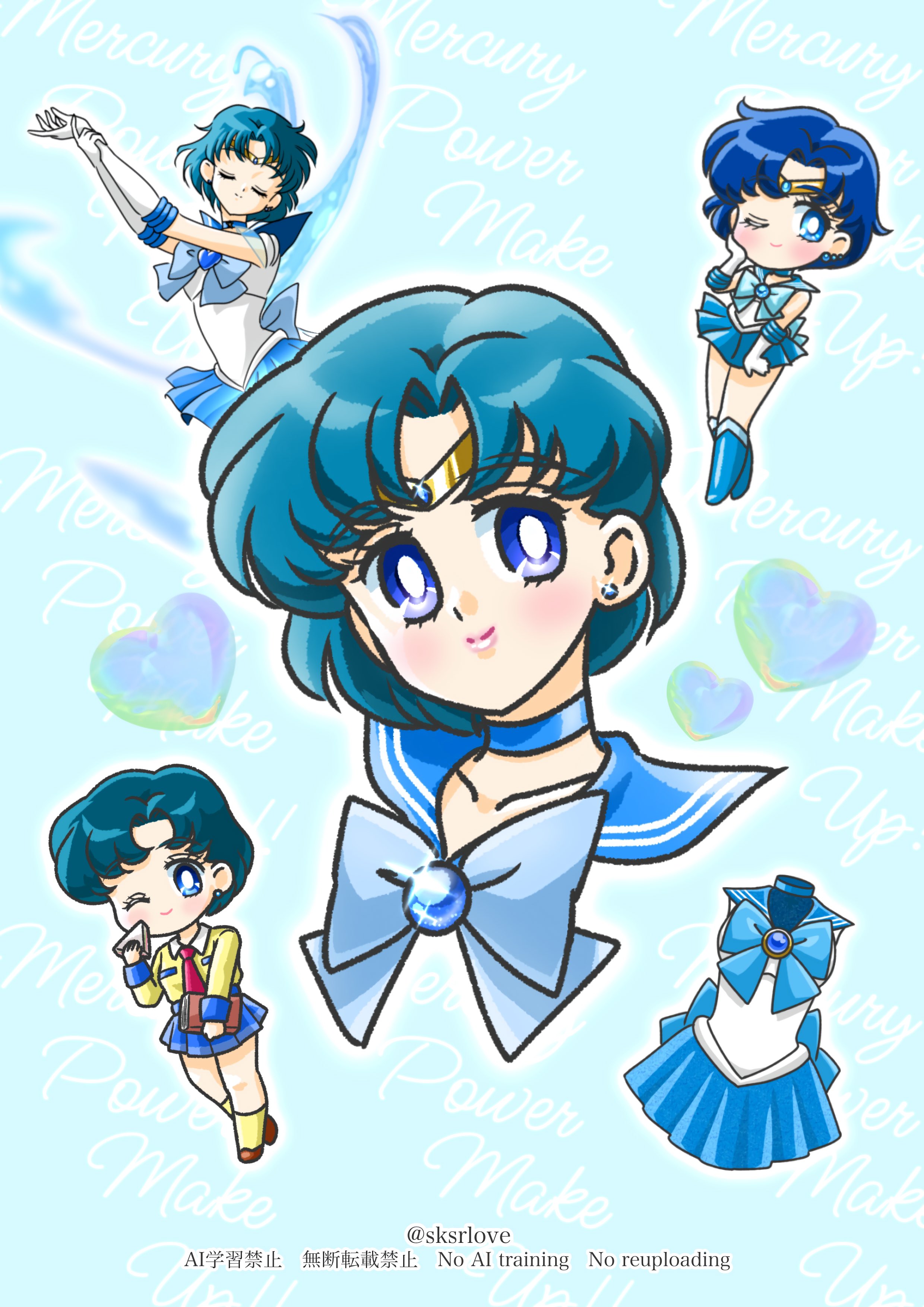 sksrlove, mizuno ami, bishoujo senshi sailor moon, absurdres, highres, 1girl, blue choker, blue eyes, blue hair, blue sailor collar, blue skirt, chibi, choker, circlet, lips, looking at viewer, multiple persona, necktie, red necktie, sailor collar, sailor senshi uniform, shirt, short hair, skirt, smile, solo, yellow shirt