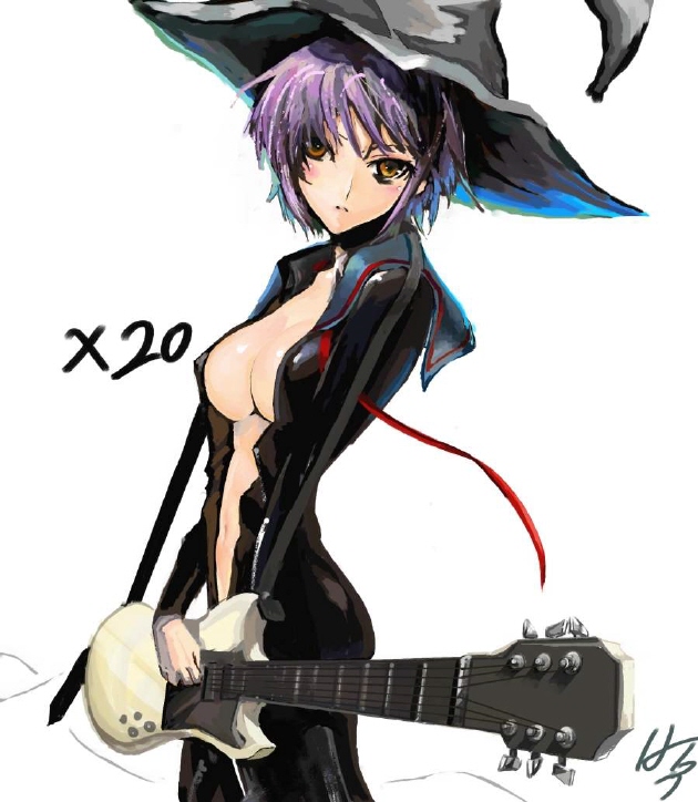 nagato yuki, suzumiya haruhi no yuuutsu, artist request, 00s, 1girl, alternate breast size (larger), breasts, brown eyes, female focus, guitar, hat, instrument, purple hair, short hair, sideboob, signature, solo, witch hat