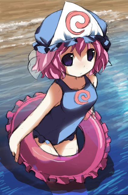 shiratama dango, saigyouji yuyuko, touhou, 1girl, beach, female focus, hat, innertube, one-piece swimsuit, pink hair, purple eyes, short hair, solo, swim ring, swimsuit, wading, water