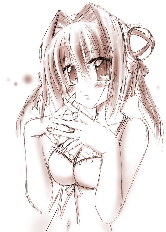 otoki raku, asakura yume, da capo, da capo ii, 00s, 1girl, bikini, blush, breasts, bun cover, double bun, female focus, hair bun, monochrome, navel, pink theme, sketch, solo, swimsuit