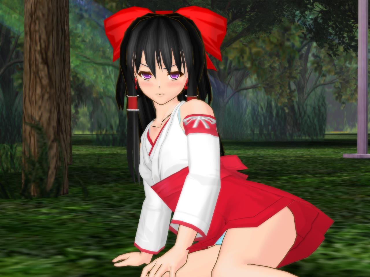 hakurei reimu, lovedeath 2, touhou, jpeg artifacts, 1girl, 3d, female focus, forest, nature, outdoors, panties, plant, skirt, solo, underwear