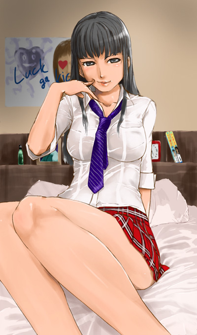 1girl, bed, black eyes, black hair, bow, bowtie, breasts, female focus, large breasts, legs, lips, long hair, perspective, pillow, school uniform, serafuku, skirt, solo