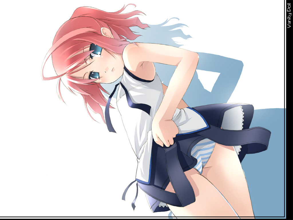 vanity doll, antenna hair, armpits, blue eyes, blush, flat chest, looking back, panties, pantyshot, pink hair, ponytail, ribbon, shadow, skirt, solo, striped clothes, striped panties, underwear, undressing, upskirt