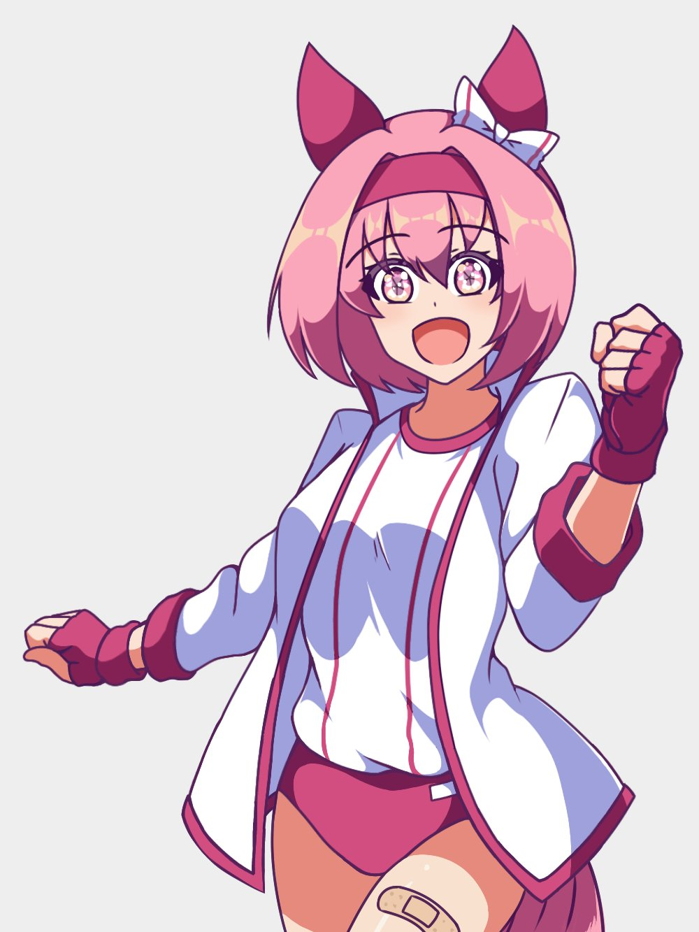 neferkitty, haru urara (umamusume), umamusume, highres, animal ears, bandaid, bandaid on leg, bow, buruma, ear bow, ear covers, flower-shaped pupils, flower in eye, gloves, haru urara (bestest prize) (umamusume), headband, horse ears, horse girl, horse tail, pink buruma, pink hair, pink headband, red gloves, school uniform, symbol-shaped pupils, symbol in eye, tail, tracen school uniform