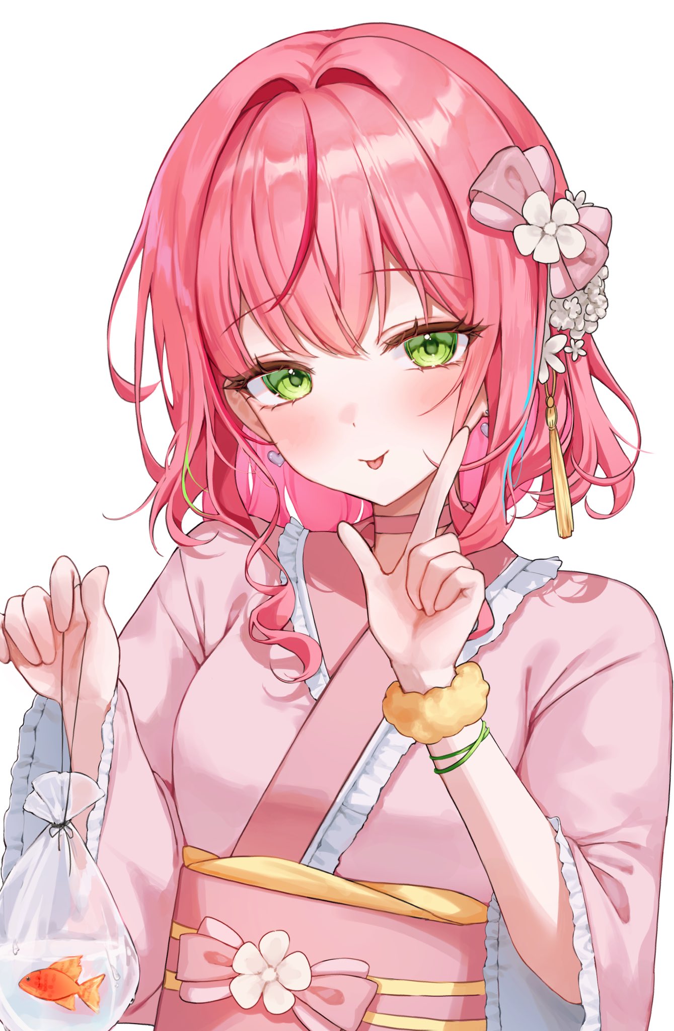 soymilk arts2, hanako nana, stellive, commentary request, highres, korean commentary, 1girl, aqua streaks, bag, blush, choker, closed mouth, double-parted bangs, earrings, eyelashes, fish, frilled kimono, frills, goldfish, green eyes, green streaks, hair ornament, hands up, heart, heart earrings, holding, holding bag, japanese clothes, jewelry, kanzashi, kimono, l hand, long sleeves, medium hair, multicolored hair, obi, pink choker, pink hair, pink kimono, pink streaks, plastic bag, sash, simple background, smile, solo, streaked hair, tongue, tongue out, upper body, virtual youtuber, white background, wide sleeves