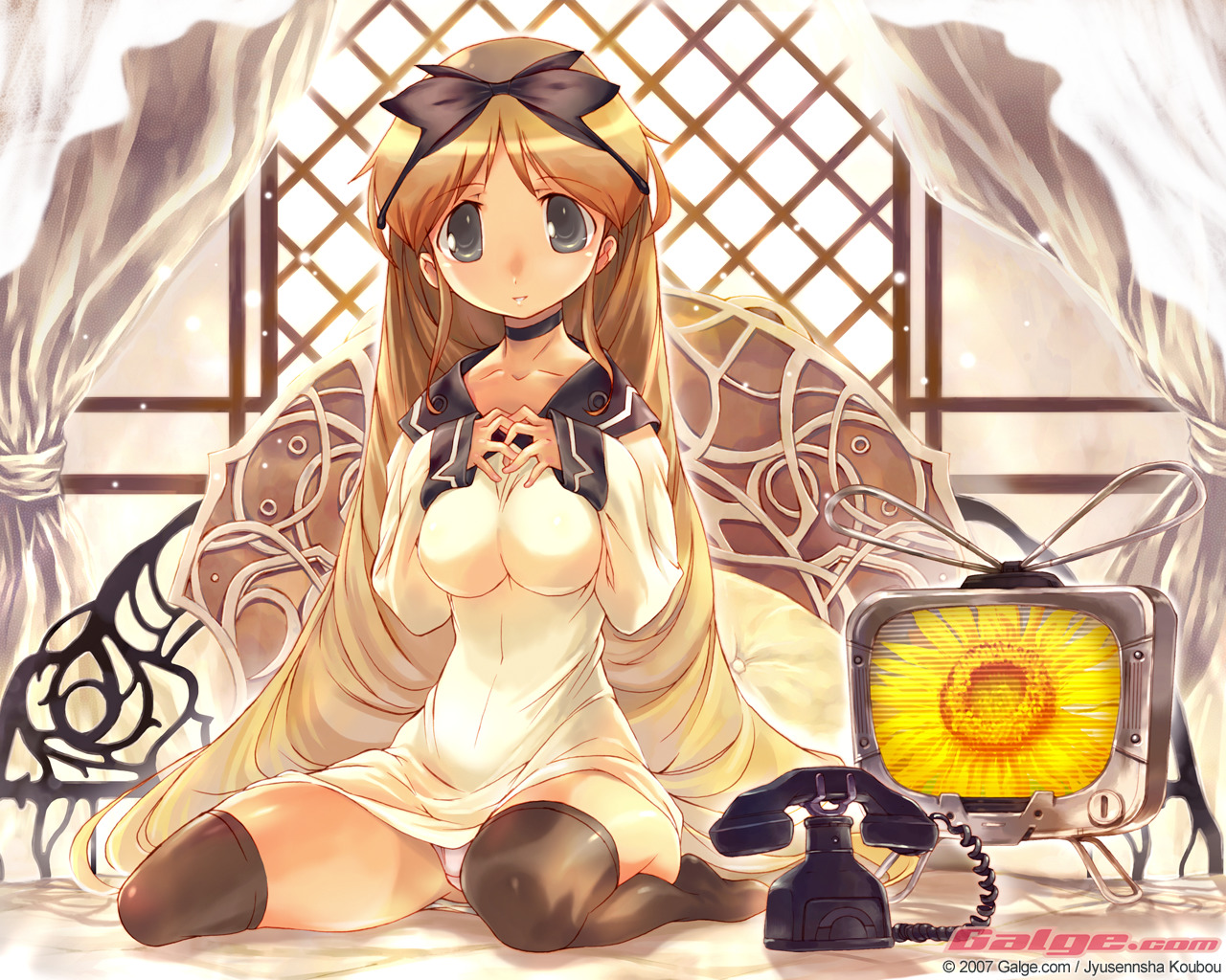 koubou jyusennsha, galge.com, 1girl, 2007, blonde hair, female focus, kneeling, panties, pantyshot, phone, solo, sunlight, television, thighhighs, underwear